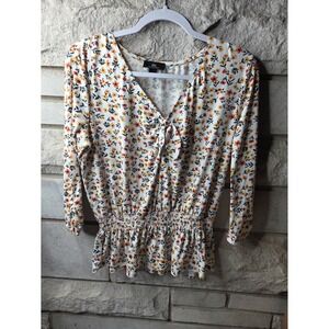 IN San Francisco Womens Floral Peplum Top Yellow Orange Smocked Waist Large